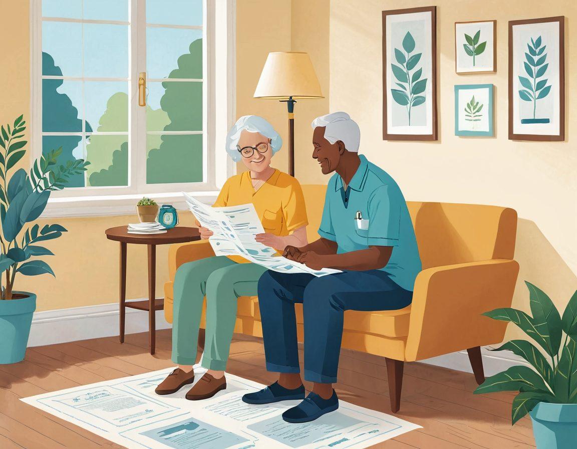 An illustrated guide displaying various health insurance options for at-home care. Include visual elements like a cozy home scene with a caregiver attending to an elderly person, paper documents labeled 'Coverage Options', and icons representing services like nursing, therapy, and wellness. Use calming colors to evoke a sense of security and support. A friendly and informative vibe. vibrant colors. vector art.