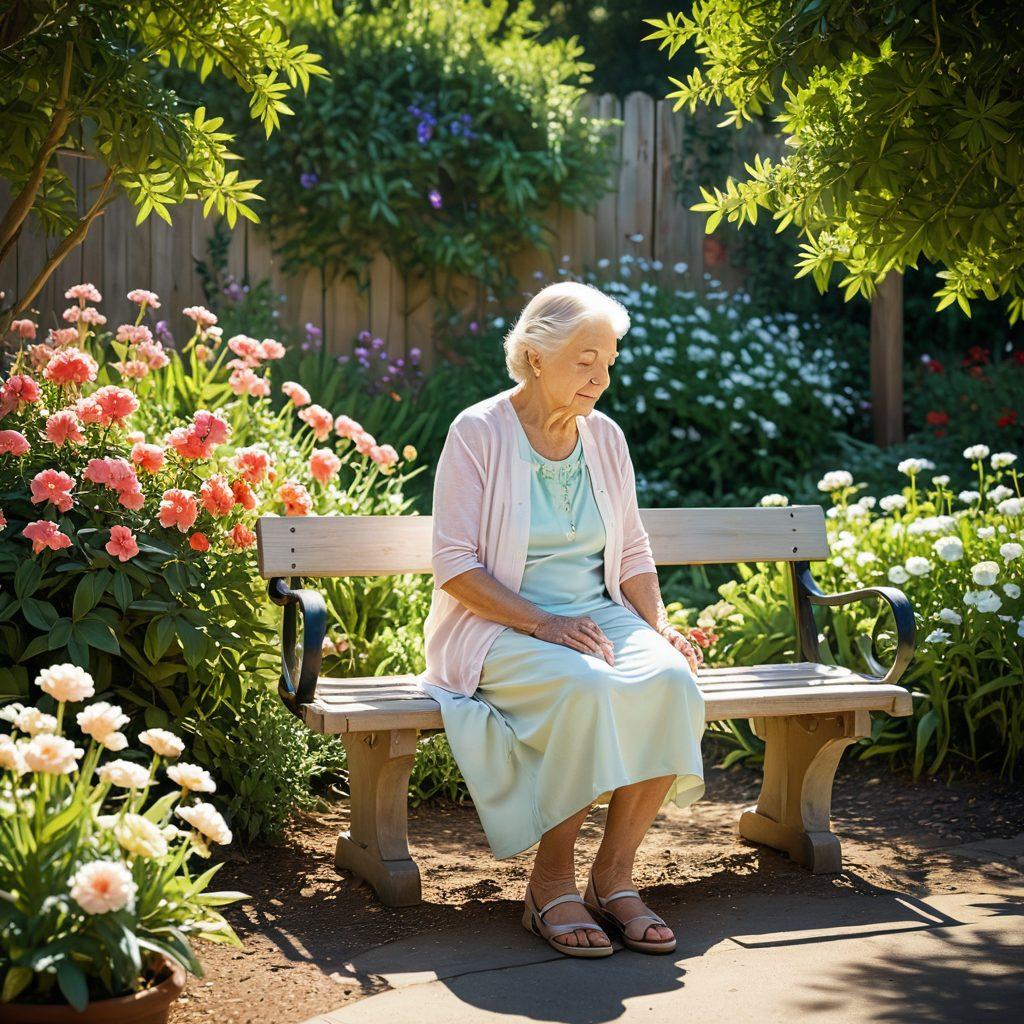 A serene scene depicting an elderly person sitting peacefully in a sunlit garden, surrounded by blooming flowers and greenery, with a caregiver attentively discussing medical coverage options nearby. Soft pastel colors enhance the calming atmosphere, suggesting tranquility and support. Emphasize a sense of care and understanding between the caregiver and the senior. super-realistic. vibrant colors. peaceful ambiance.