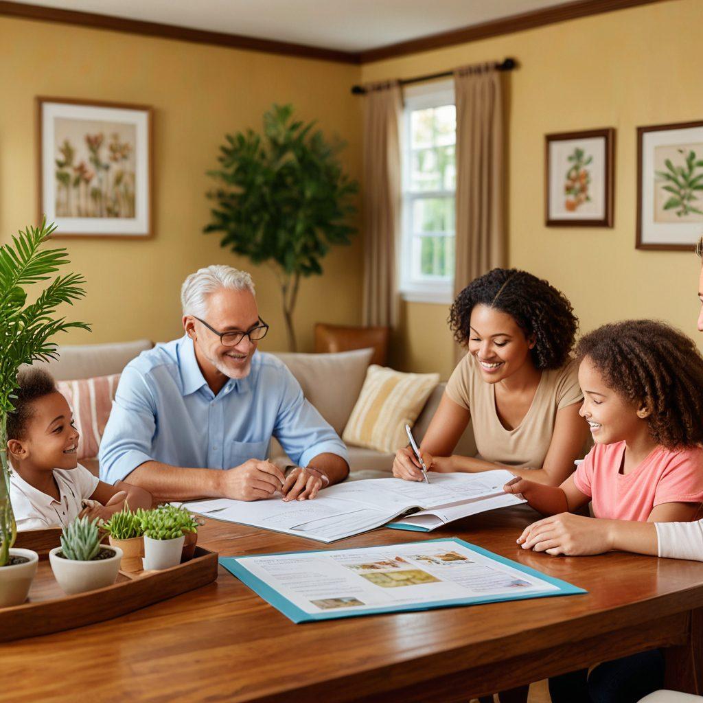 A warm, inviting home environment featuring a happy family interacting with a caring health service provider. The scene includes personalized health insurance documents on a table, diverse individuals receiving support, and symbols of health and wellness in the background. The room is brightly lit, conveying a sense of security and comfort. super-realistic. vibrant colors. soft, warm lighting.